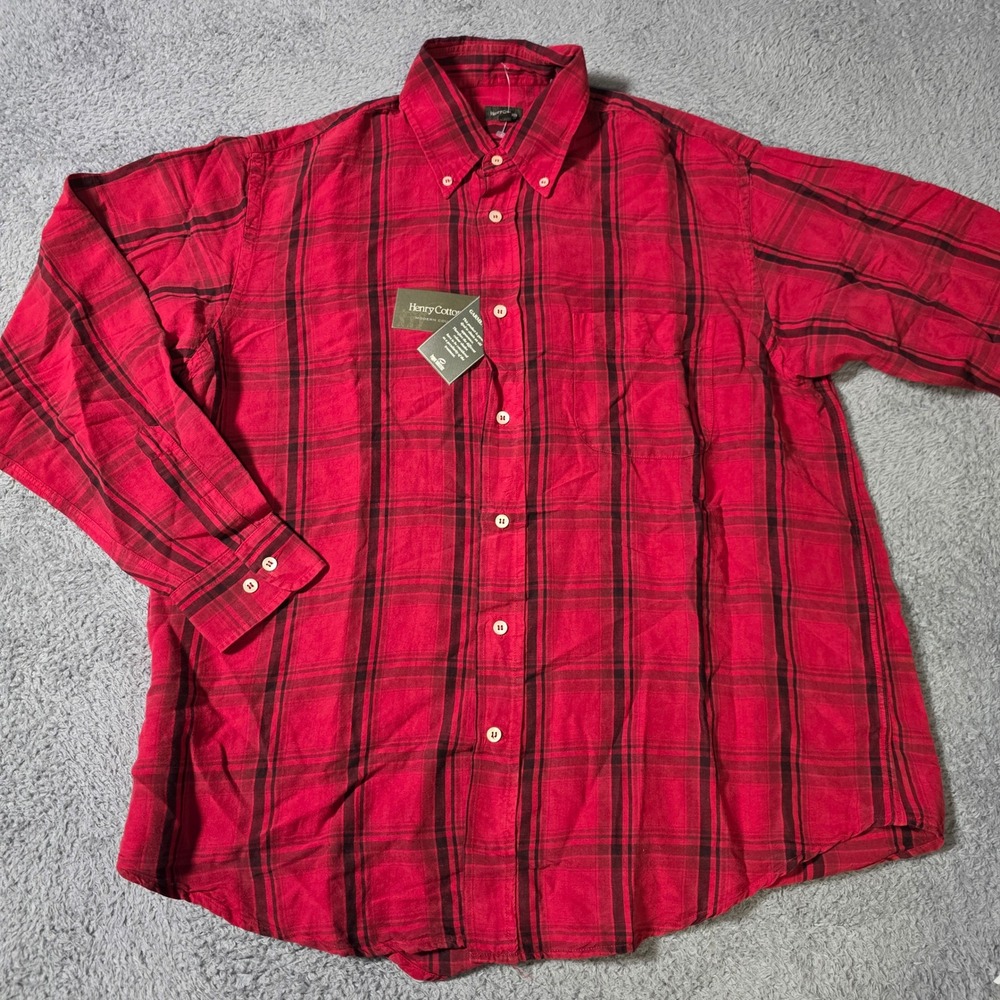 Henry Cotton's Mens L Button Down Shirt Red Black Plaid Flax Lyocell Long Sleeve